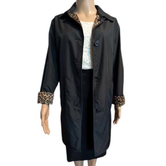 Apropos Reversible Rain Resistant Black/Animal Print Trench M/L - Picture 10 of 11